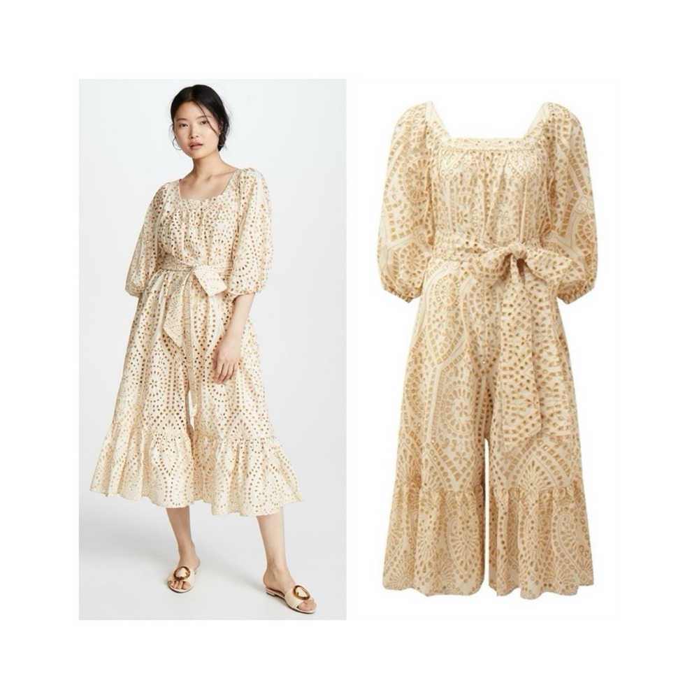 Lisa Marie Fernandez Laure Eyelet Jumpsuit (Sz 2 / S) Wide Leg Natural & Gold